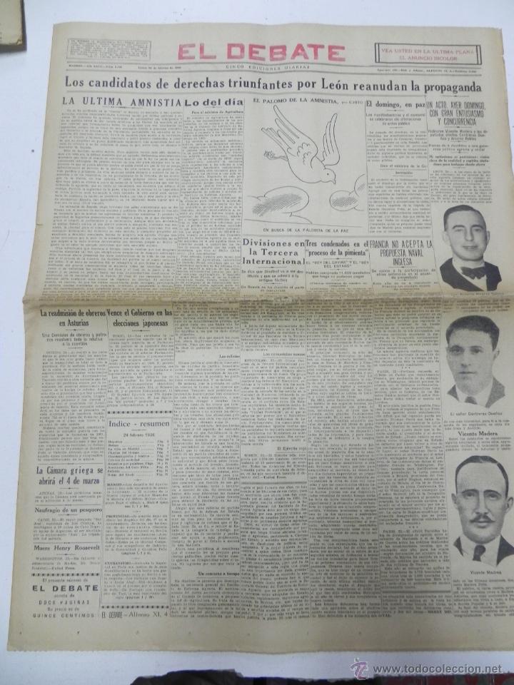 Military Antiques: PERIODICO EL DEBATE, REPUBLICA, 24 DE FEBRERO DE 1936 DE MADRID, 20 PAGINAS, MIDE 58 X 44 CMS. MUY I