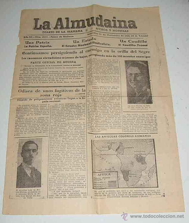 Militaria: ANTIGUA PORTADA DEL PERIODICO LA ALMUDAINA DE PALMA DE MALLORCA 23 NOVIEMBRE 1938, PLENA GUERRA CIVI