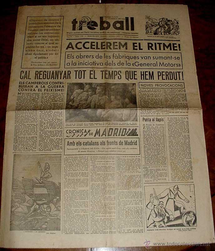 Militaria: ANTIGUO PERIODICO ZONA ROJA - TREBALL, ORGANO CENTRAL DEL PARTIT SOCIALISTA UNFICAT DE CATALUNYA - 1