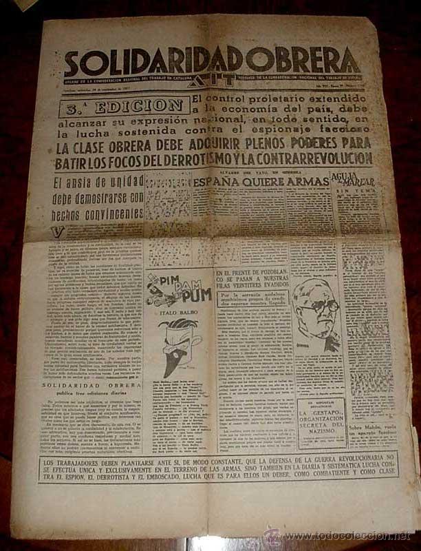 Militaria: ANTIGUO PERIODICO ZONA ROJA - SOLIDARIDAD OBRERA, ORGANO DE LA CONFEDERACION REGIONAL DEL TRABAJO EN