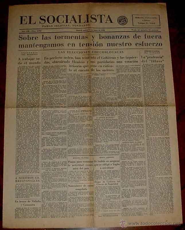 Militaria: ANTIGUO PERIODICO EL SOCIALISTA 24 DE MAYO 1938 PLENA GUERRA CIVIL ESPA&Ntilde;OLA - EDITADO EN MADRID, PAB