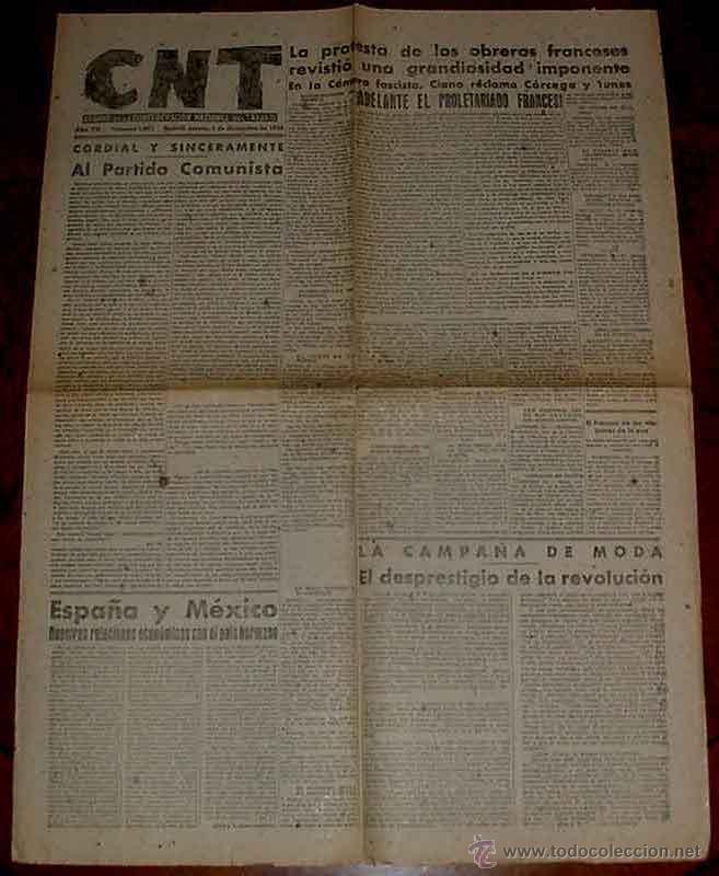 Militaria: ANTIGUO PERIODICO CNT DE 1 DE DICIEMBE DE 1938 PLENA GUERRA CIVIL ESPA&Ntilde;OLA - EDITADO EN MADRID, ORGA