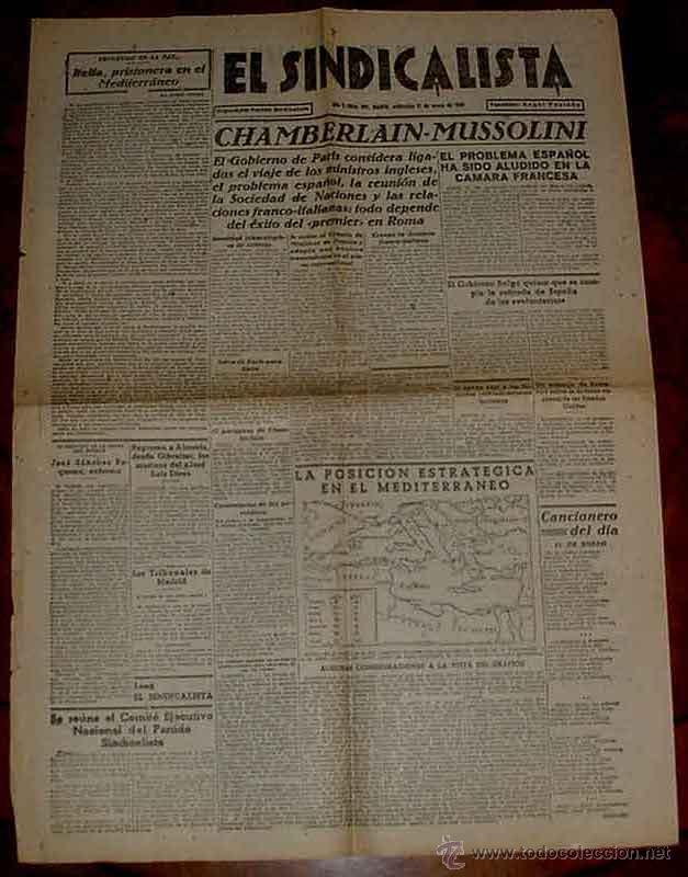 Militaria: ANTIGUO PERIODICO EL SINDICALISTA DE 11 DE ENERO DE 1939 PLENA GUERRA CIVIL ESPA&Ntilde;OLA - ORGANO DEL PA