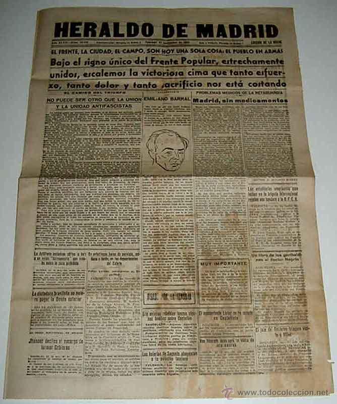 Militaria: ANTIGUO PERIODICO HERALDO DE MADRID - 21 DE NOVIEMBRE DE 1937 - PLENA GUERRA CIVIL - BAJO EL SIGNO U