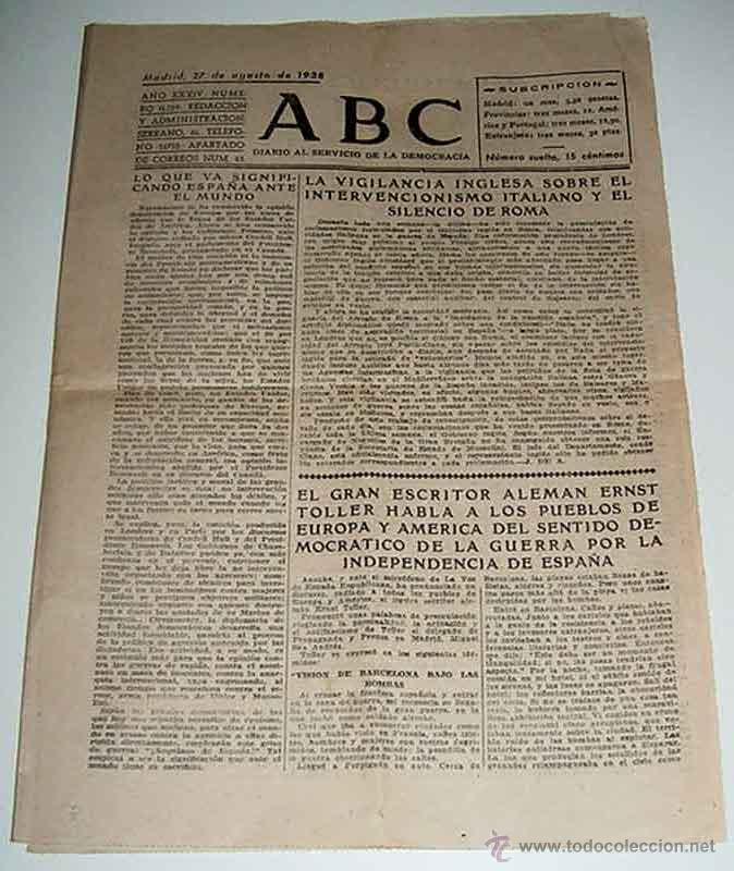 Military Antiques: ANTIGUO PERIODICO ABC - DIARIO AL SERVICIO DE LA DEMOCRACIA - 27 DE AGOSTO DE 1938 - PLENA GUERRA CI