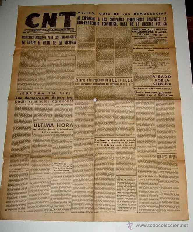Militaria: ANTIGUO PERIODICO CNT - ORGANO DE LA CONFEDERACION NACIONAL DEL TRABAJO - 21 DE MARZO DE 1938 - PLEN