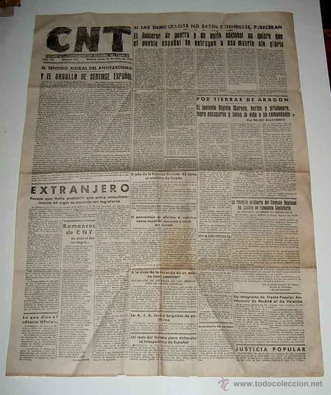 Militaria: ANTIGUO PERIODICO CNT - ORGANO DE LA CONFEDERACION NACIONAL DEL TRABAJO - 20 DE JUNIO DE 1938 - PLEN
