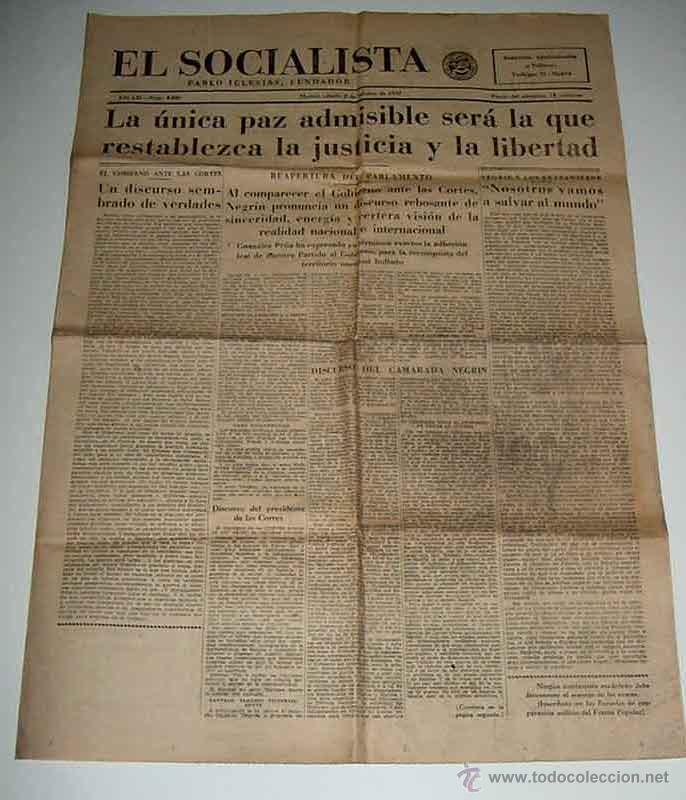 Militaria: ANTIGUO PERIODICO EL SOCIALISTA - 2 DE OCTUBRE DE 1937 - PLENA GUERRA CIVIL - LA UNICA PAZ ADMISIBLE