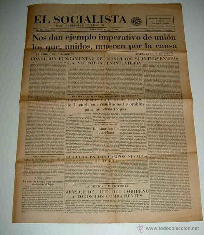 Militaria: ANTIGUO PERIODICO EL SOCIALISTA - 3 DE ENERO DE 1938 - PLENA GUERRA CIVIL - NOS DAN EJEMPLO IMPERATI