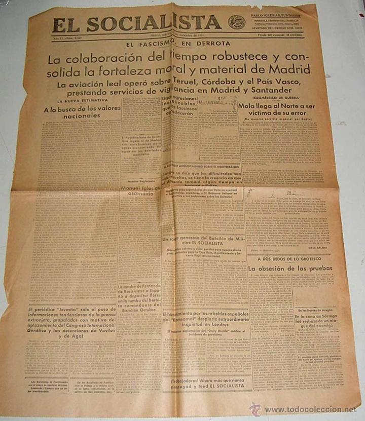 Militaria: ANTIGUO PERIODICO EL SOCIALISTA DE 22 DE DICIEMBRE DE 1936, PLENA GUERRA CIVIL . MADRID - TIENE 1 H