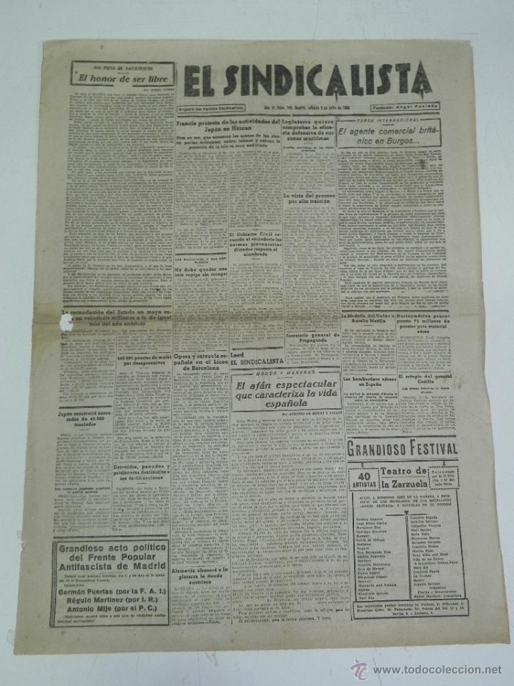 Military Antiques: ANTIGUO PERIODICO EL SINDICALISTA DE 2 DE JULIO DE 1938 PLENA GUERRA CIVIL ESPA&Ntilde;OLA - ORGANO DEL PAR