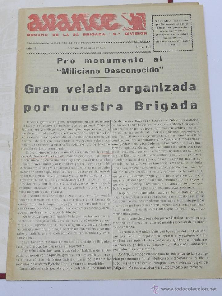Military Antiques: ANTIGUO PERIODICO AVANCE, ORGANO DE LA 32 BRIGADA. 3&ordf; DIVISION, MARIA DE LA ALAMEDA, 28 DE MARZO DE