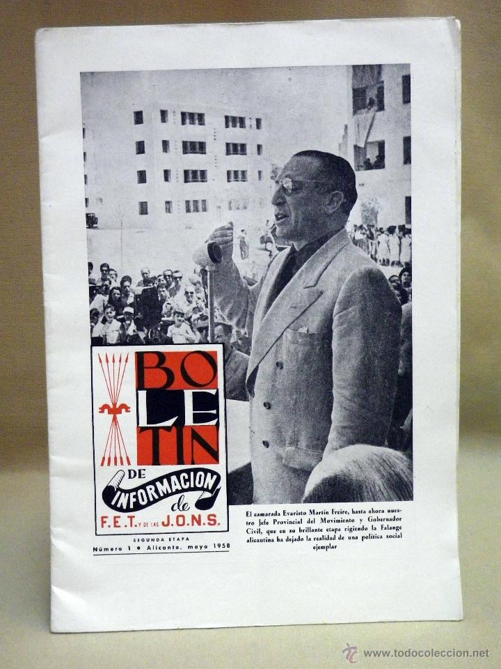 Militaria: N&ordm; 1, BOLETIN DE INFORMACION, FET Y JONS, ALICANTE, MAYO DE 1958