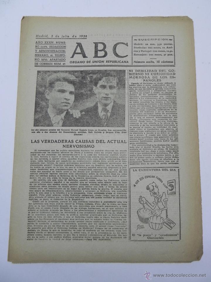 Militaria: PERIODICO ABC GUERRA CIVIL, DE 3 DE JULIO DE 1938, DIARIO REPUBLICANO DE IZQUIERDAS, LAS VERDADERAS