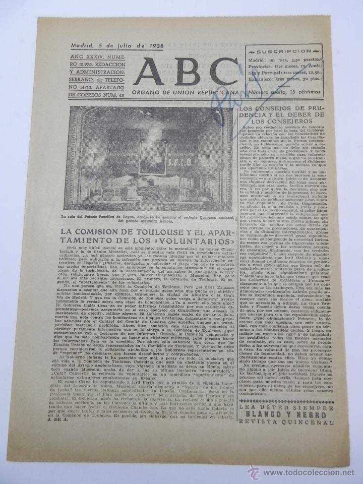 Militaria: PERIODICO ABC GUERRA CIVIL, DE 5 DE JULIO DE 1938, DIARIO REPUBLICANO DE IZQUIERDAS, FRENTES LEVANTI