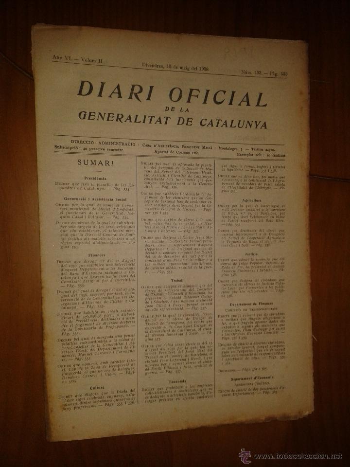 Military Antiques: Diari oficial de la generalitat de Catalunya, any VI, vol. II, divendres 13 de maig de 1938, n&ordm; 133