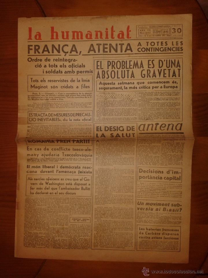 Military Antiques: Hoja de La Humanitat, Barcelona, Any VII, n&ordm;2.037, dimarts 6 de setembre de 1938