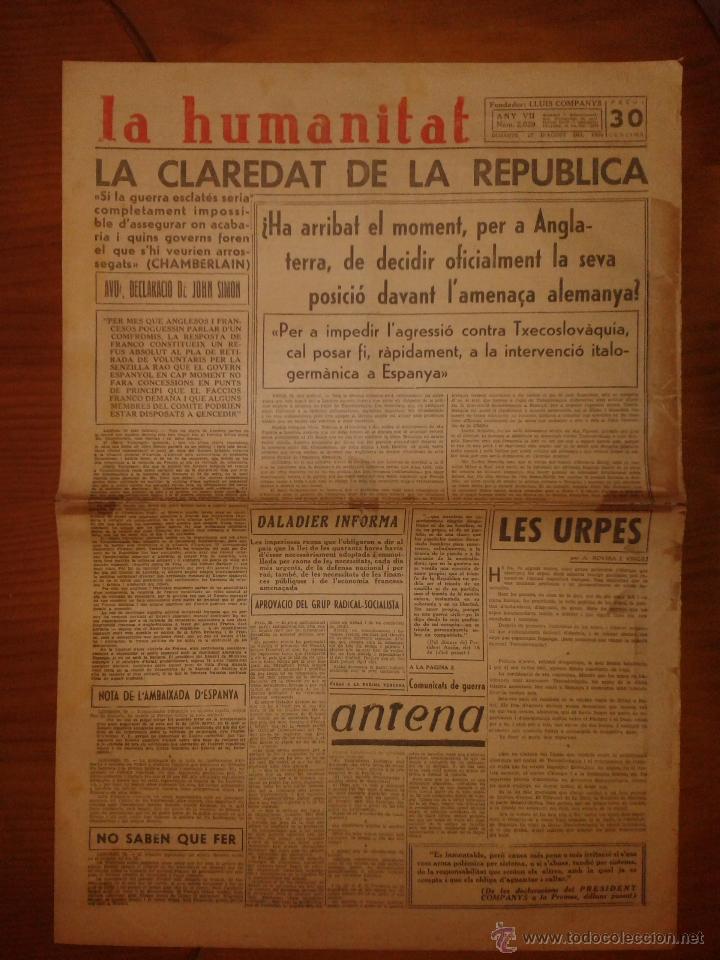 Military Antiques: Hoja de La Humanitat, Barcelona, Any VII, n&ordm;2.029, dissabte 27 d'agost de 1938