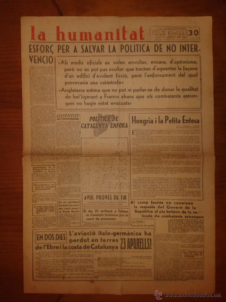 Military Antiques: Hoja de La Humanitat, Barcelona, Any VII, n&ordm;2.027, dijous 25 d'agost de 1938