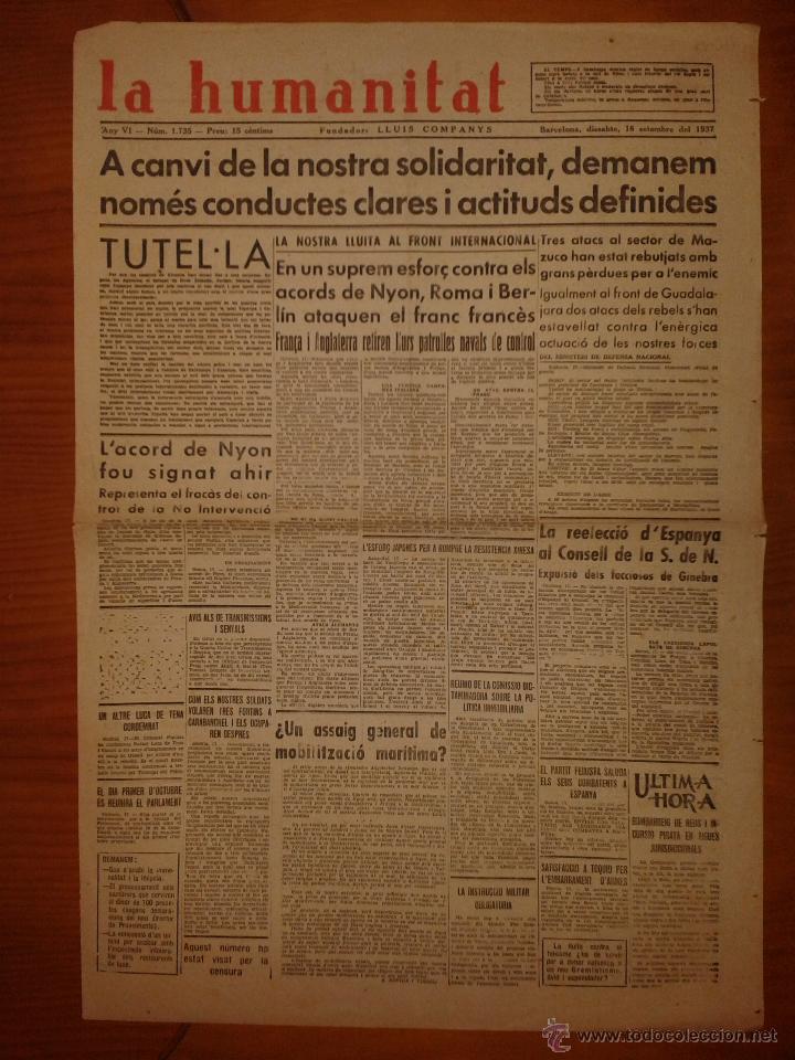 Military Antiques: Hoja de La Humanitat, Barcelona, Any VI, n&ordm;1.735, dissabte 18 de setembre de 1937