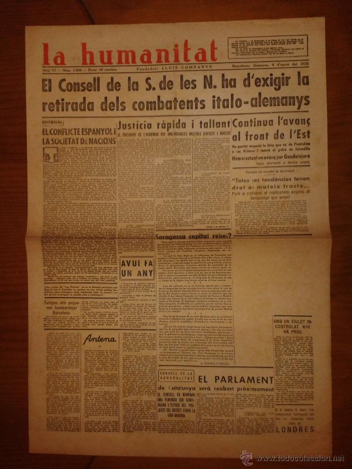 Military Antiques: Hoja de La Humanitat, Barcelona, Any VI, n&ordm;1.696, dimecres 4 d'agost de 1937