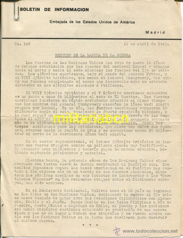 Militaria: Bolet&iacute;n de Informaci&oacute;n.  Embajada de los Estados Unidos de Am&eacute;rica.  Madrid, 10 de abril de 1943.
