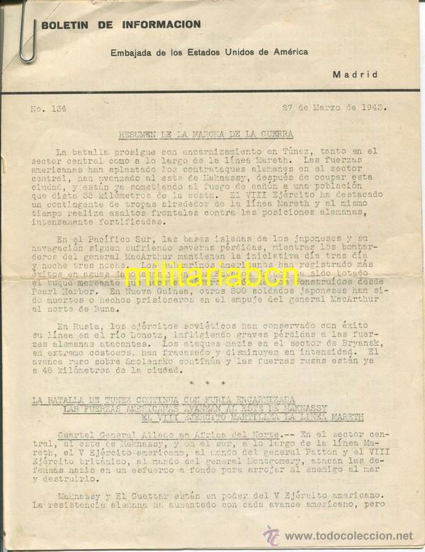 Militaria: Bolet&iacute;n de Informaci&oacute;n.  Embajada de los Estados Unidos de Am&eacute;rica.  Madrid, 27 marzo de 1943.  6 p&aacute;