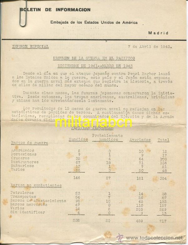 Militaria: Bolet&iacute;n de Informaci&oacute;n. Embajada de los Estados Unidos de Am&eacute;rica. Madrid, 7 abril de 1943. 4 p&aacute;g