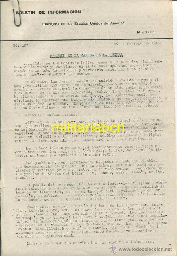 Militaria: Bolet&iacute;n de Informaci&oacute;n. Embajada de los Estados Unidos de Am&eacute;rica. Madrid, 20 febrero de 1943.