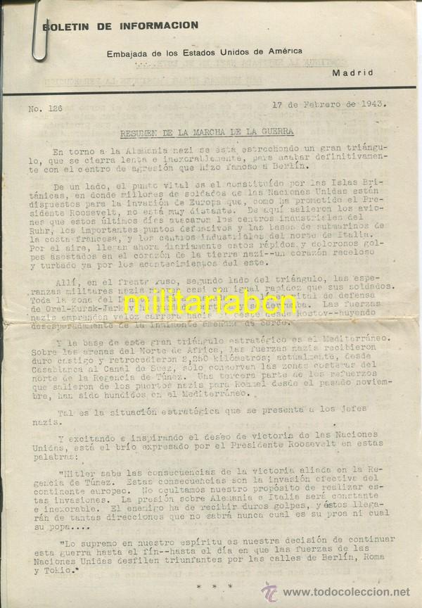 Militaria: Bolet&iacute;n de Informaci&oacute;n. Embajada de los Estados Unidos de Am&eacute;rica. Madrid, 17 febrero de 1943.