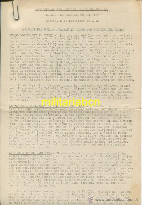 Militaria: Bolet&iacute;n de Informaci&oacute;n.  Embajada de los Estados Unidos de Am&eacute;rica.  Madrid, 2 Diciembre de 1942.