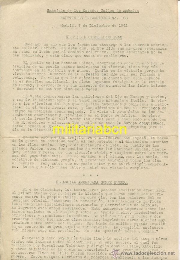 Militaria: Bolet&iacute;n de Informaci&oacute;n.  Embajada de los Estados Unidos de Am&eacute;rica.  Madrid, 7 Diciembre de 1942.  2