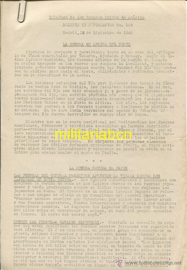 Militaria: Bolet&iacute;n de Informaci&oacute;n.  Embajada de los Estados Unidos de Am&eacute;rica.  Madrid, 12 Diciembre de 1942.