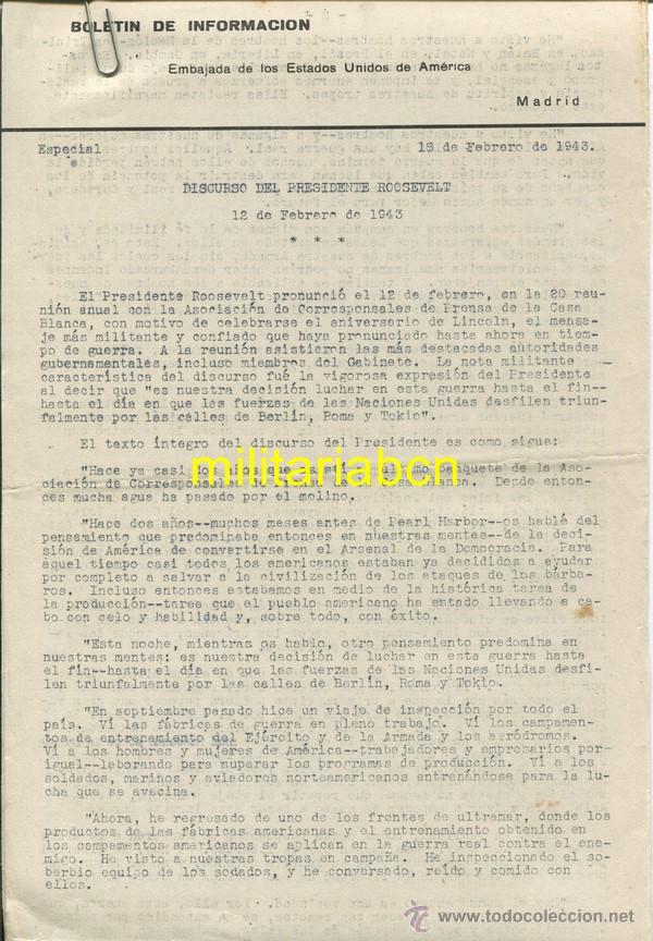 Militaria: Bolet&iacute;n de Informaci&oacute;n.  Embajada de los Estados Unidos de Am&eacute;rica.  Madrid, 18 Febrero de 1943.