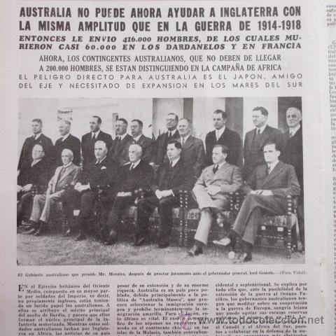 Military Antiques: ARTICULO 1941 - AUSTRALIA MR. MENZIES NO PUEDE AYUDAR COMO EN LA GUERRA DE 1914 - 4 PAG.