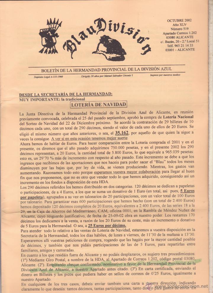 Militaria: BLAU DIVISION BOLETIN DE LA HERMANDAD PROVINCIAL DE LA DIVISION AZUL &middot;&middot;ALICANTE .