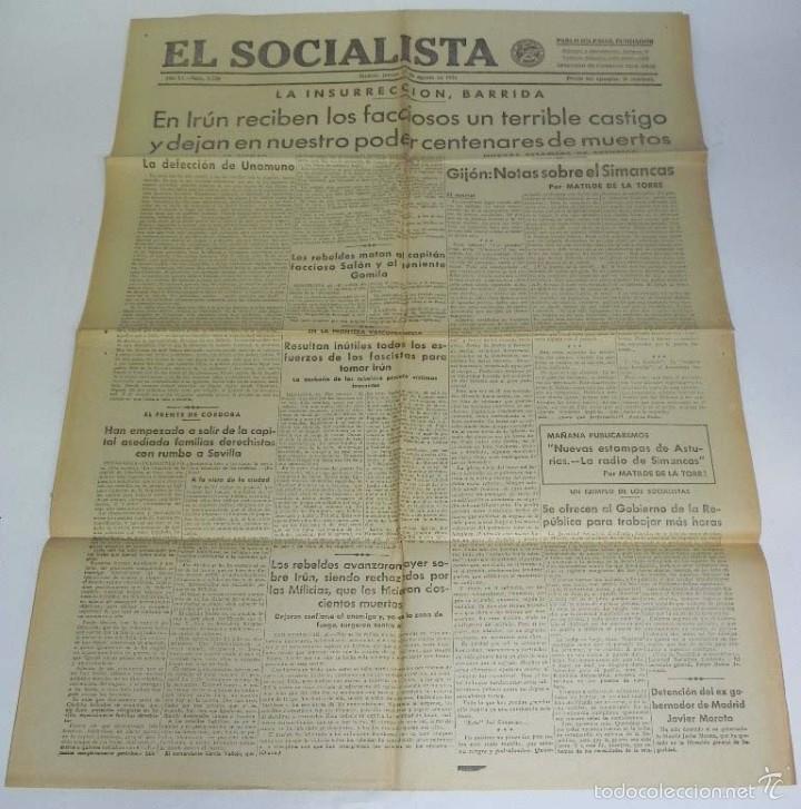 Military Antiques: PERIODICO PLENA GUERRA CIVIL - EL SOCIALISTA 27 DE AGOSTO DE 1936 - EN IRUN RECIBEN LOS FACCIOSOS UN