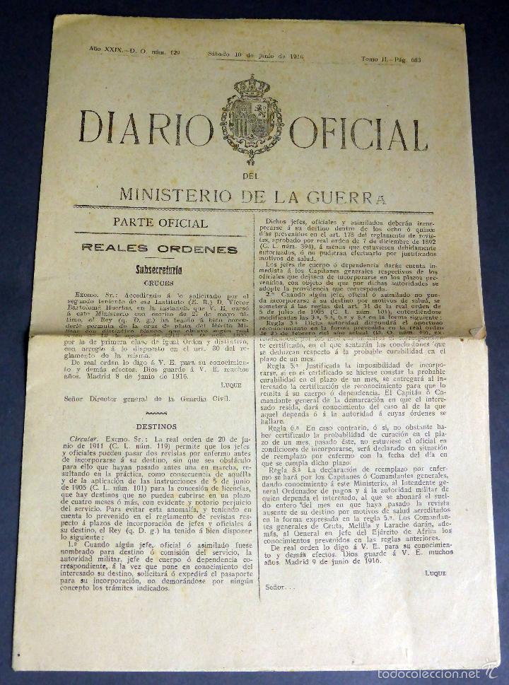 Militaria: Diario Oficial Ministerio Guerra n&ordm; 129 s&aacute;bado 10 junio 1916 Tomo II