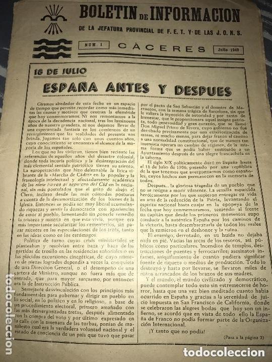 Militaria: ANTIGUO BOLET&Iacute;N INFORMACI&Oacute;N F.E.T. Y J.O.N.S. C&Aacute;CERES NUMERO 1 1949