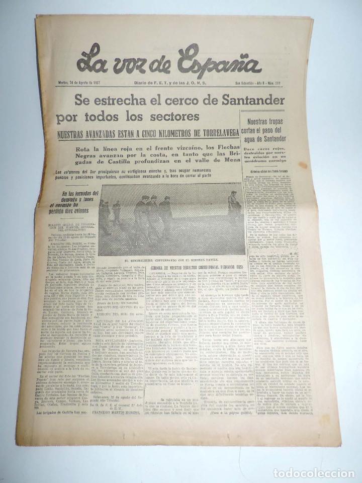 Militaria: LA VOZ DE ESPA&Ntilde;A, DIARIO F.E.T. Y DE LAS JONS, 24 DE AGOSTO DE 1937, GUERRA CIVIL, AVANZADAS EN TORR