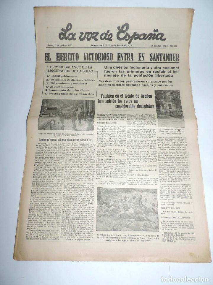 Militaria: LA VOZ DE ESPA&Ntilde;A, DIARIO F.E.T. Y DE LAS JONS, 27 DE AGOSTO DE 1937, GUERRA CIVIL, ANIVERSARIO DEL F