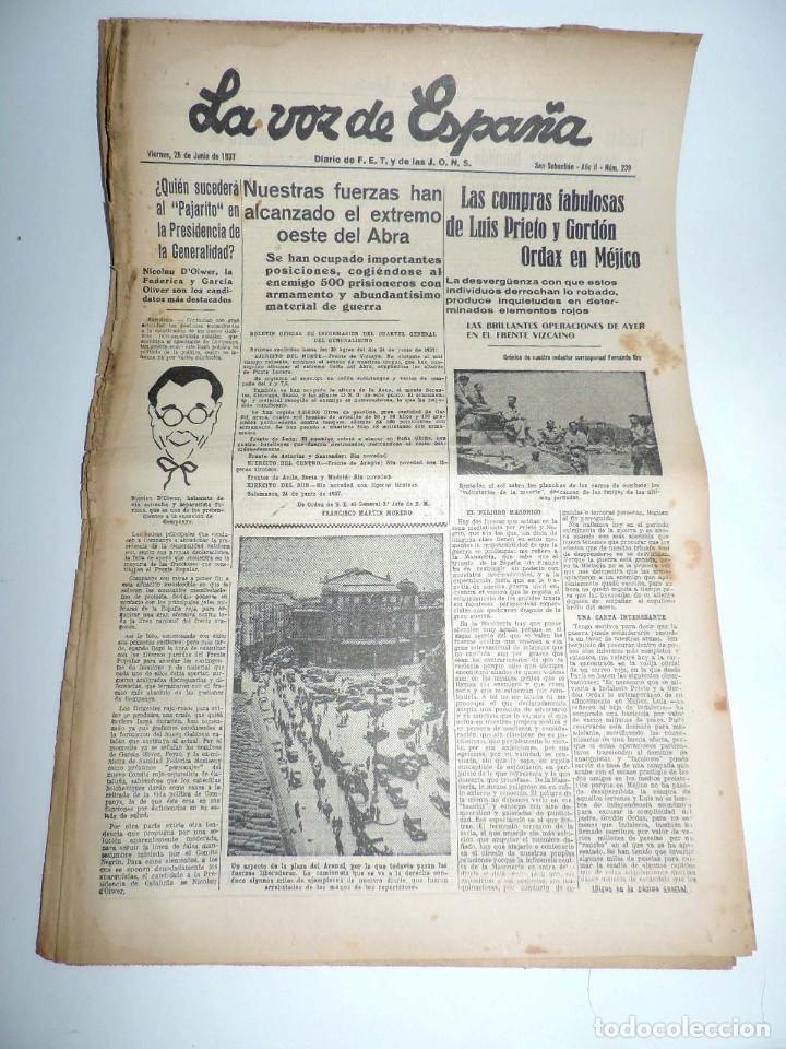 Militaria: LA VOZ DE ESPA&Ntilde;A, DIARIO F.E.T. Y DE LAS JONS, 25 DE JUNIO DE 1937, SECTOR DEL PINGARRON, HA SIDO RE