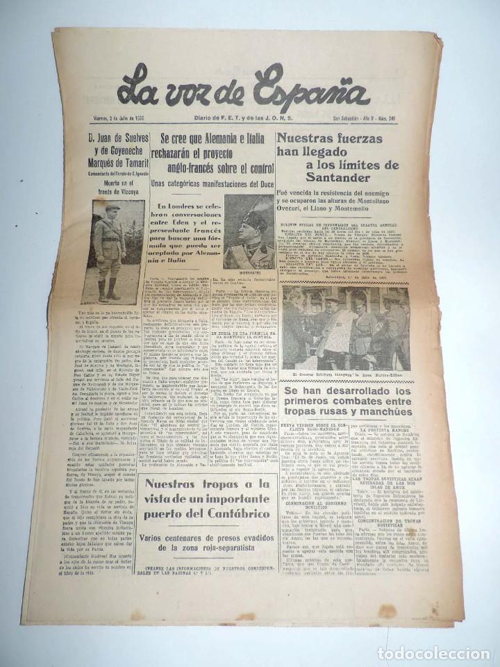 Militaria: LA VOZ DE ESPA&Ntilde;A, DIARIO F.E.T. Y DE LAS JONS, 2 DE JULIO DE 1937, MONTELLANO OVECURI, EL LLANO HAN
