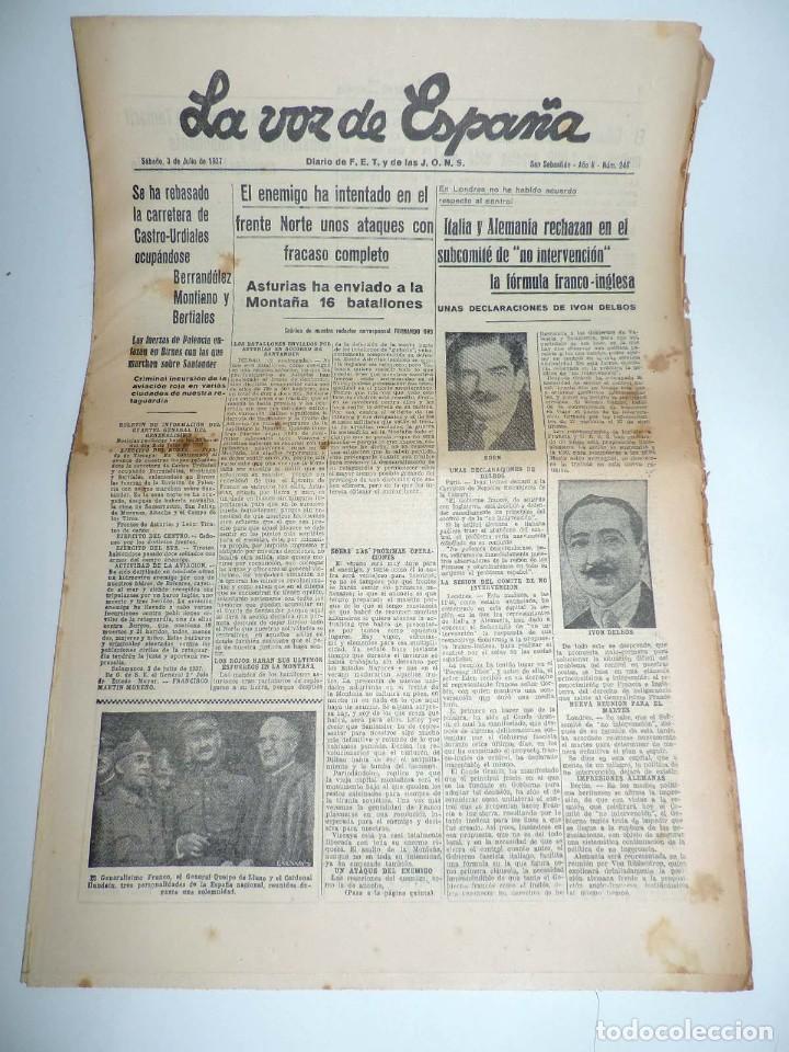 Military Antiques: LA VOZ DE ESPA&Ntilde;A, DIARIO F.E.T. Y DE LAS JONS, 3 DE JULIO DE 1937, ASTURIAS HA ENVIADO A LA MONTA&Ntilde;A
