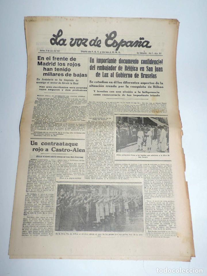 Militaria: LA VOZ DE ESPA&Ntilde;A, DIARIO F.E.T. Y DE LAS JONS, 8 DE JULIO DE 1937, REQUETES NAVARROS, SALIERON DE NA