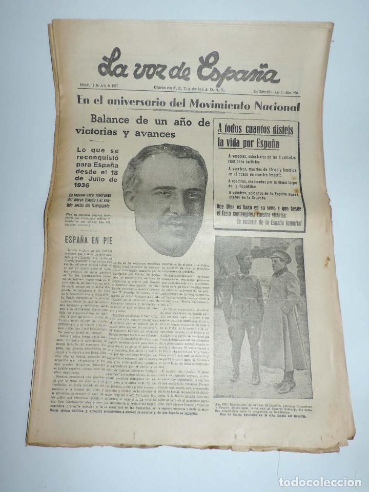 Militaria: LA VOZ DE ESPA&Ntilde;A, DIARIO F.E.T. Y DE LAS JONS, 17 DE JULIO DE 1937, EN HUESCA, ALCUBIERRA Y QUINTO L