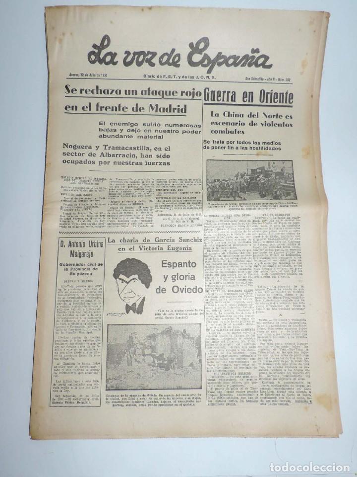 Militaria: LA VOZ DE ESPA&Ntilde;A, DIARIO F.E.T. Y DE LAS JONS, 22 DE JULIO DE 1937, NOGUERA Y TRAMACASTILLA EN EL SE