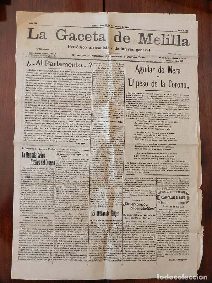 Militaria: PERIODICO LA GACETA DE MELILLA, PERIODICO AFRICANISTA, 13 DE NOVIEMBRE DE 1922, AGUILAR DE MERA Y EL