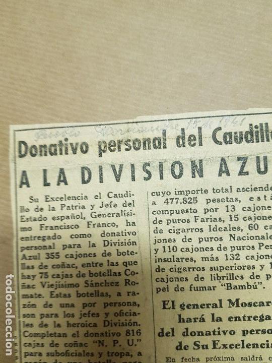 Militaria: recorte division azul general moscardo hara entrega donativo