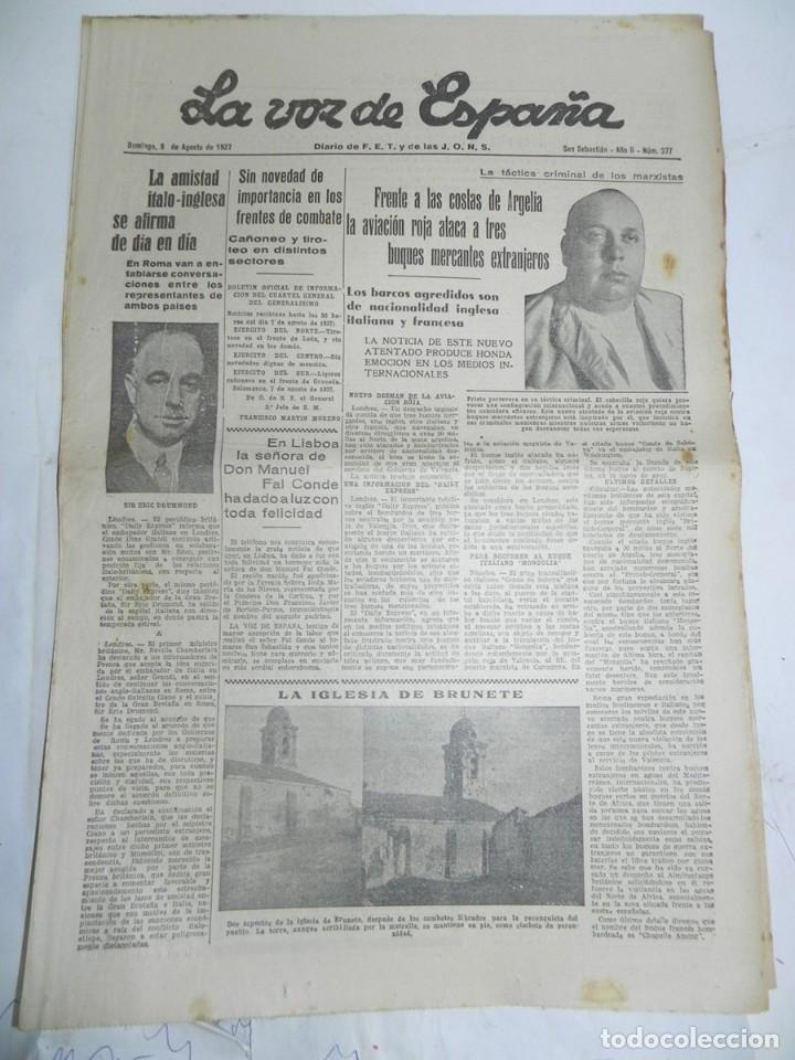Militaria: LA VOZ DE ESPA&Ntilde;A, DIARIO F.E.T. Y DE LAS JONS, 8 DE AGOSTO DE 1937, GUERRA CIVIL, N. 277, LA AVIACIO